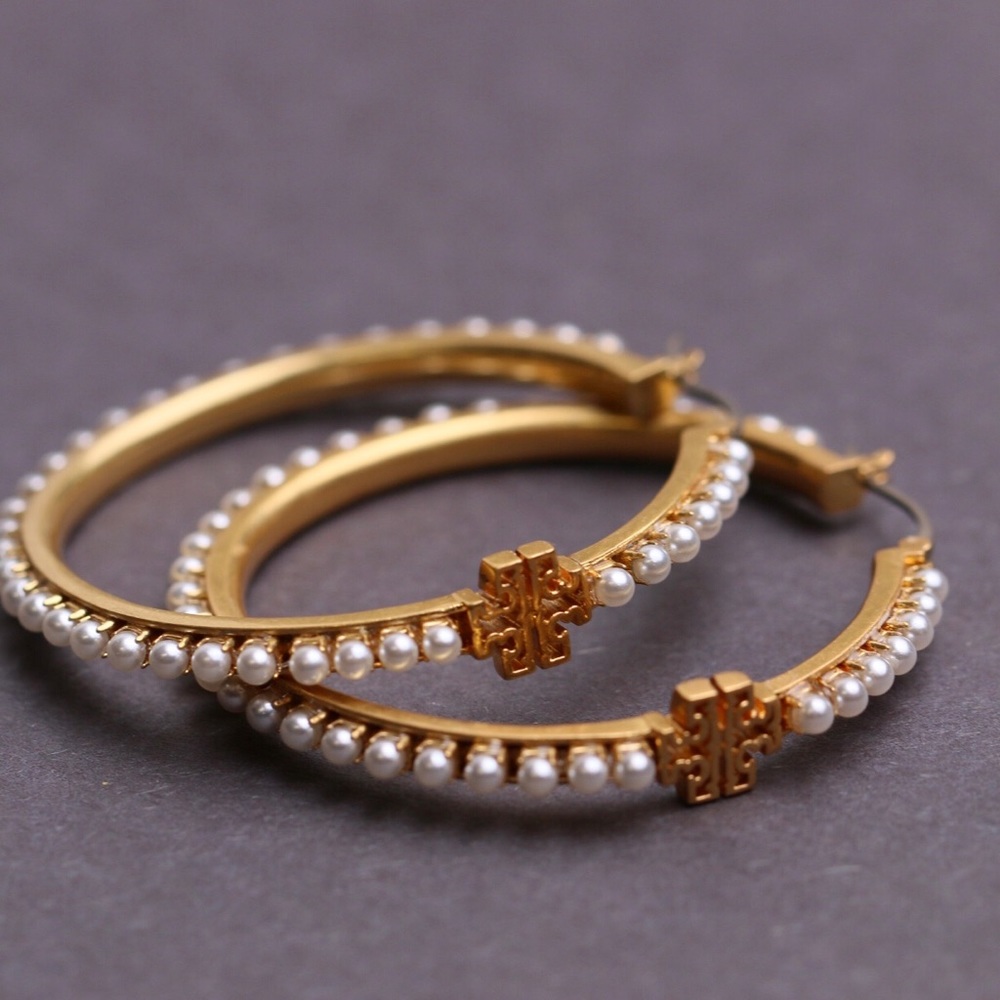 Tory Burch logo Pearl hoop earrings